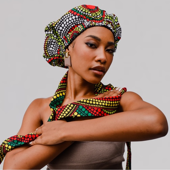 Ankara Satin Bonnet Silk Cap Hair Bonnet for Sleeping, for Women Long Curly hair - Picture 2 of 4